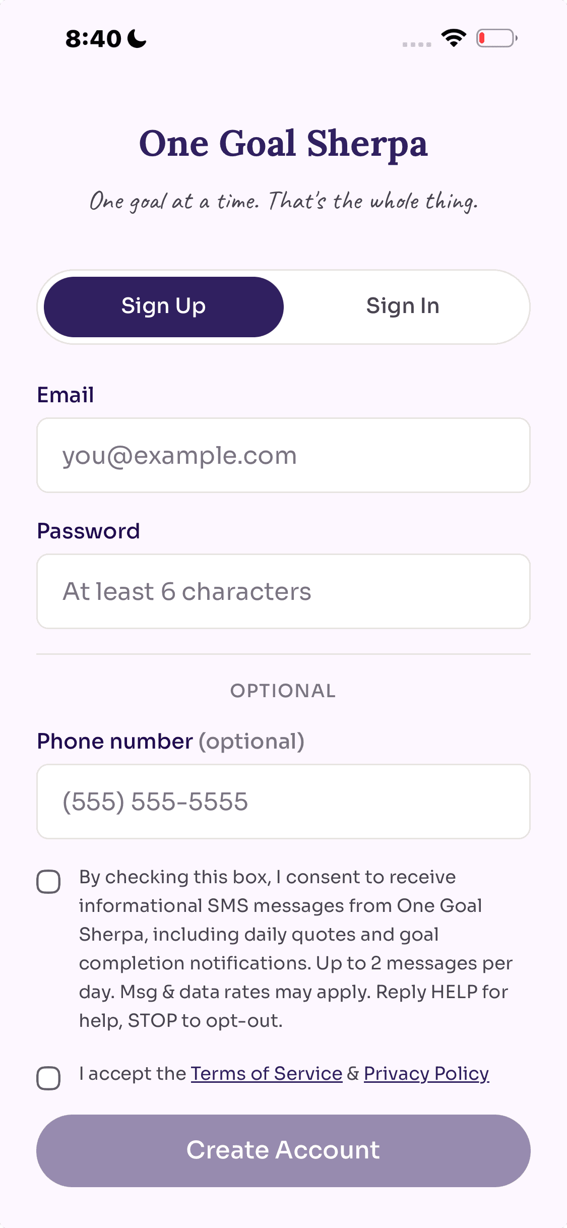 Screenshot of the One Goal Sherpa signup form showing the optional Phone number field, an unchecked SMS consent checkbox with the full disclosure language, and an unchecked Terms of Service & Privacy Policy checkbox.